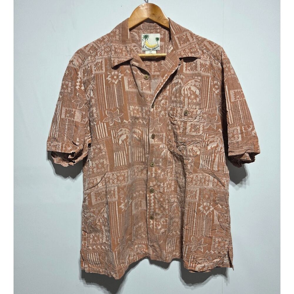 Banana Cabana Men's 100% Silk Orange Hawaiian Shirt Size Large